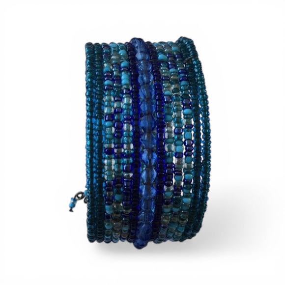 Multi‑Strand Seed Bead Open Cuff Bracelet – Shades of Blue & Gray - Picture 9 of 11